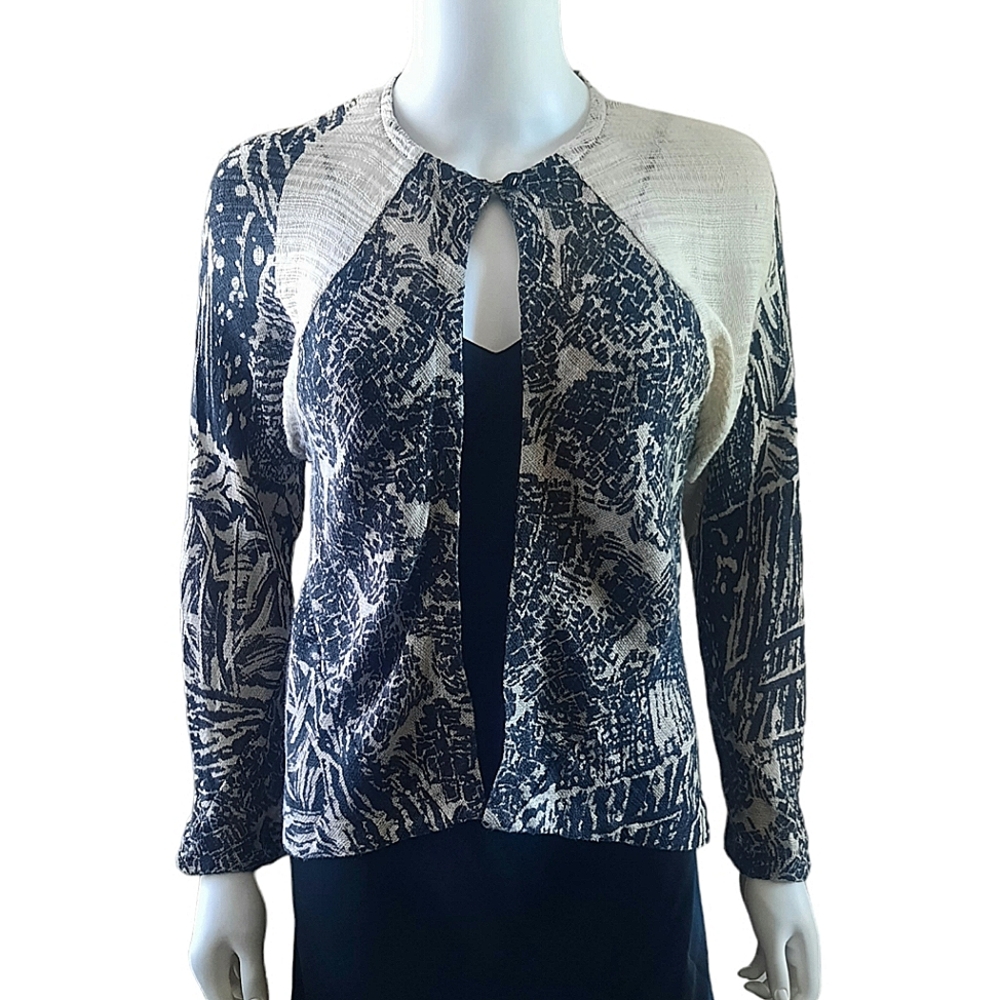 Vtg JOAN MCGEE Printed Flax Linen Bias Cut Raglan Sleeve Jacket Sz M Blk/Beige